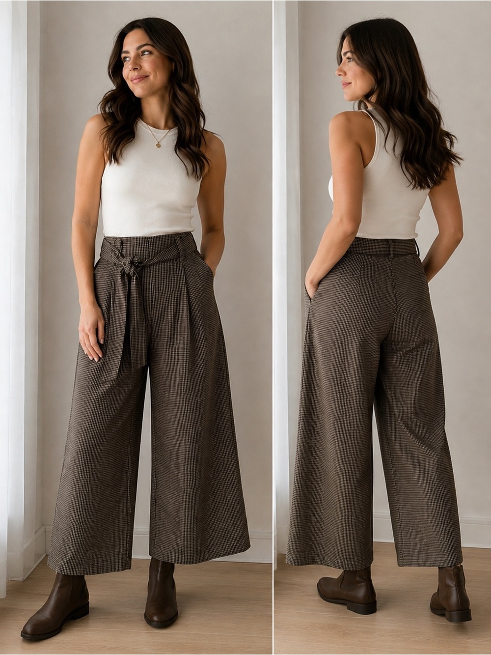 Zara Woman Plaid Wide Leg Cropped Pants with Tie Waist – Size M